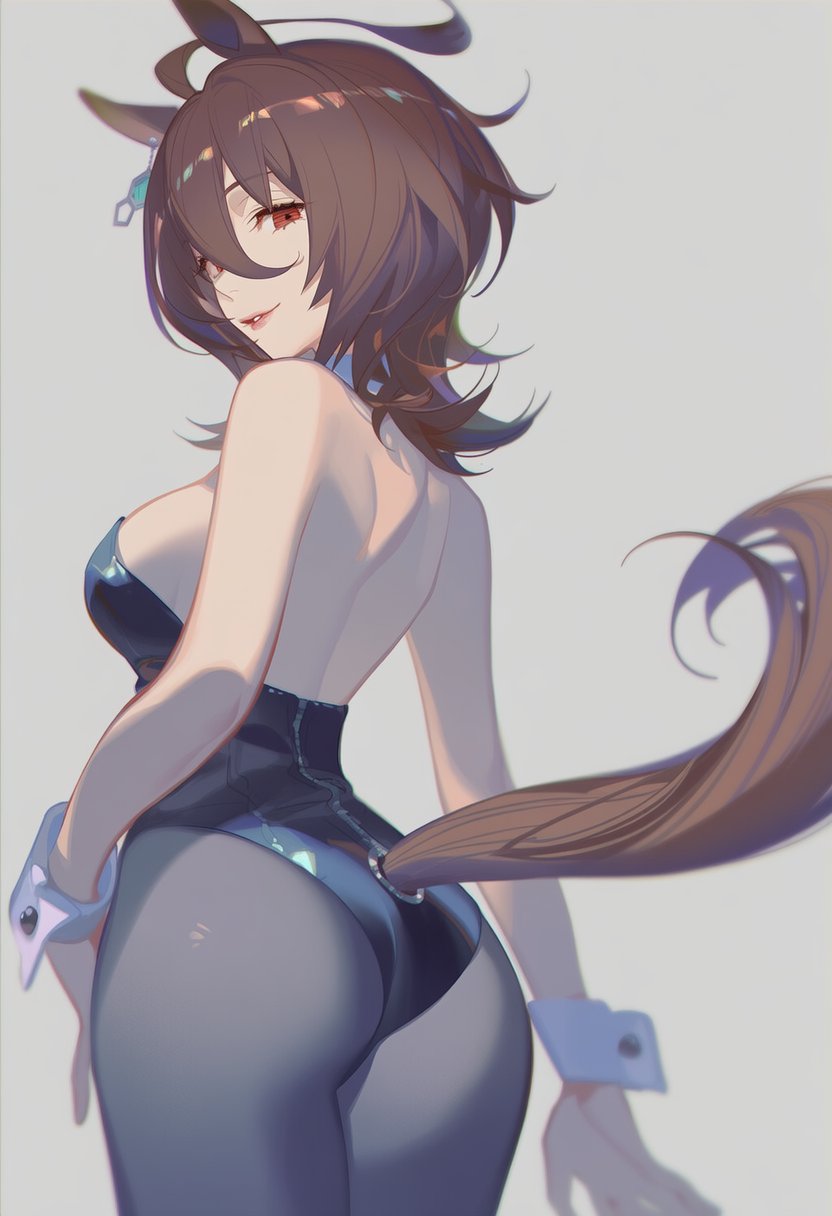 kisaragi shokuin, agnes tachyon (umamusume), umamusume, highres, 1girl, alternate costume, animal ears, backless outfit, black leotard, breasts, brown hair, detached collar, horse ears, horse girl, horse tail, leotard, medium breasts, medium hair, pantyhose, parted lips, playboy bunny, red eyes, solo, tail, wolf cut, wrist cuffs