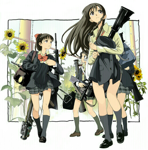 magomago, original, 4girls, braid, brown eyes, brown hair, female focus, flower, gun, kneehighs, long hair, multiple girls, outdoors, plant, school uniform, serafuku, shoes, sky, socks, standing, sunflower, weapon