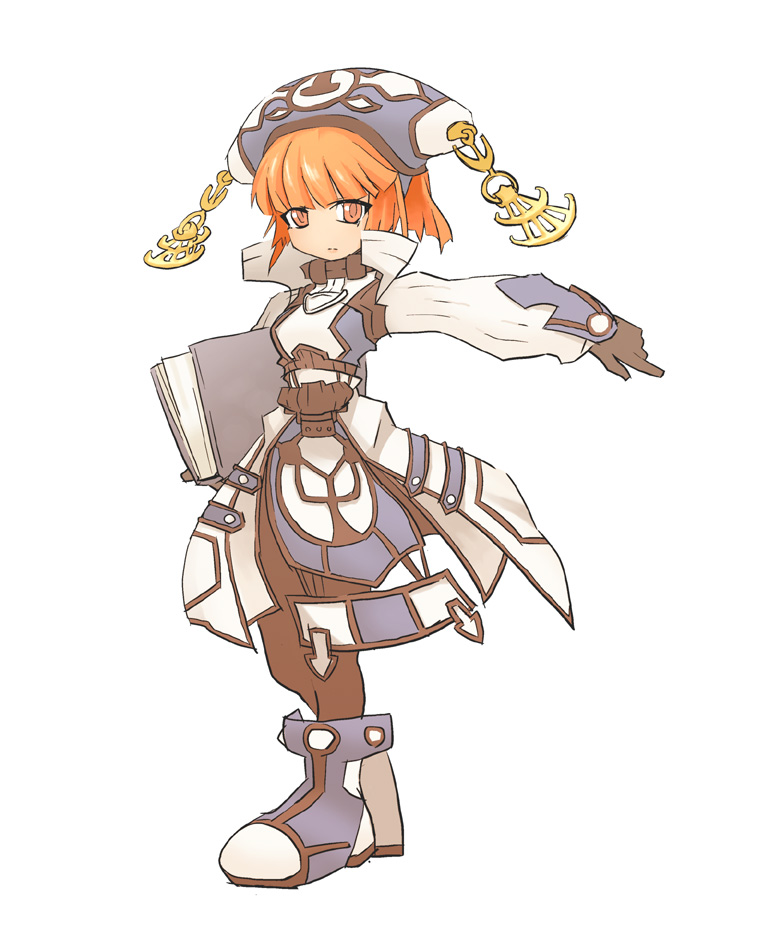 uni (gugurutan), maya (dewprism), dewprism, bad id, bad pixiv id, 1girl, book, boots, female focus, full body, gloves, hat, orange eyes, orange hair, pantyhose, pointing, short hair, simple background, solo