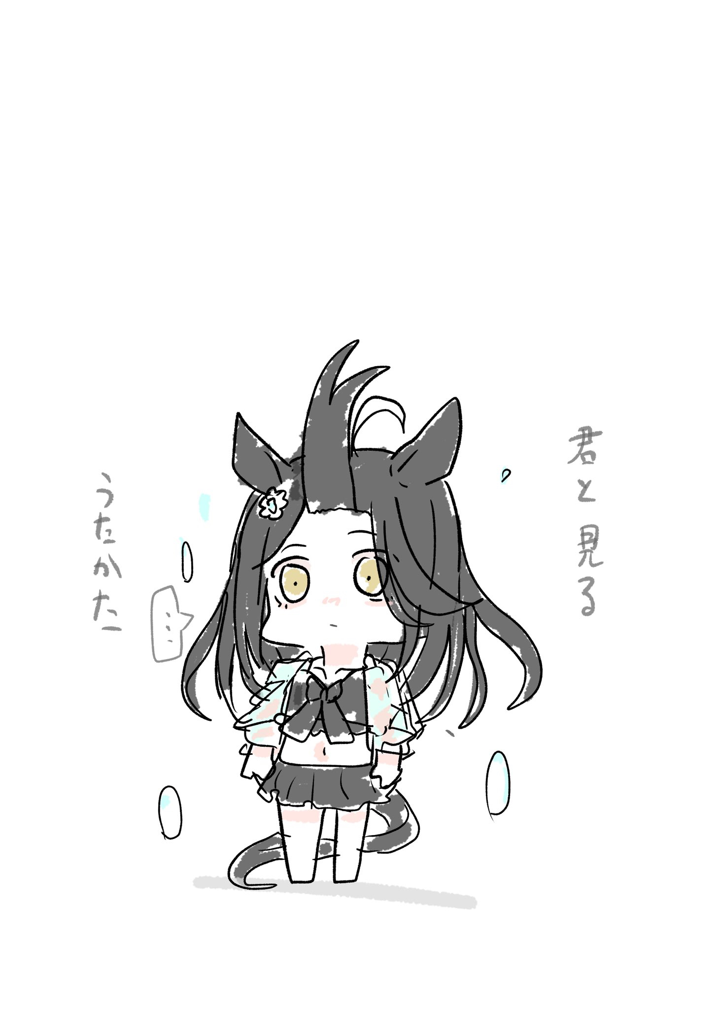 kawamochi (tddm3573), manhattan cafe (umamusume), umamusume, highres, translation request, …, 1girl, animal ears, bangs pinned back, barefoot, bikini, black bikini, black hair, brown eyes, chibi, closed mouth, flower, forehead, hair flower, hair ornament, horse ears, horse girl, horse tail, long hair, navel, sketch, solo, spoken ellipsis, standing, swimsuit, tail, white background, white flower