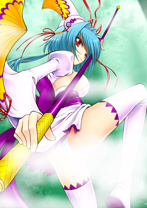 lb, chouun (koihime musou), koihime musou, 00s, 1girl, ass, blue hair, breasts, female focus, fog, hair ornament, leg lift, looking back, panties, ponytail, red eyes, ribbon, sideboob, smile, solo, staff, thighhighs, thighs, underwear, upskirt, white panties