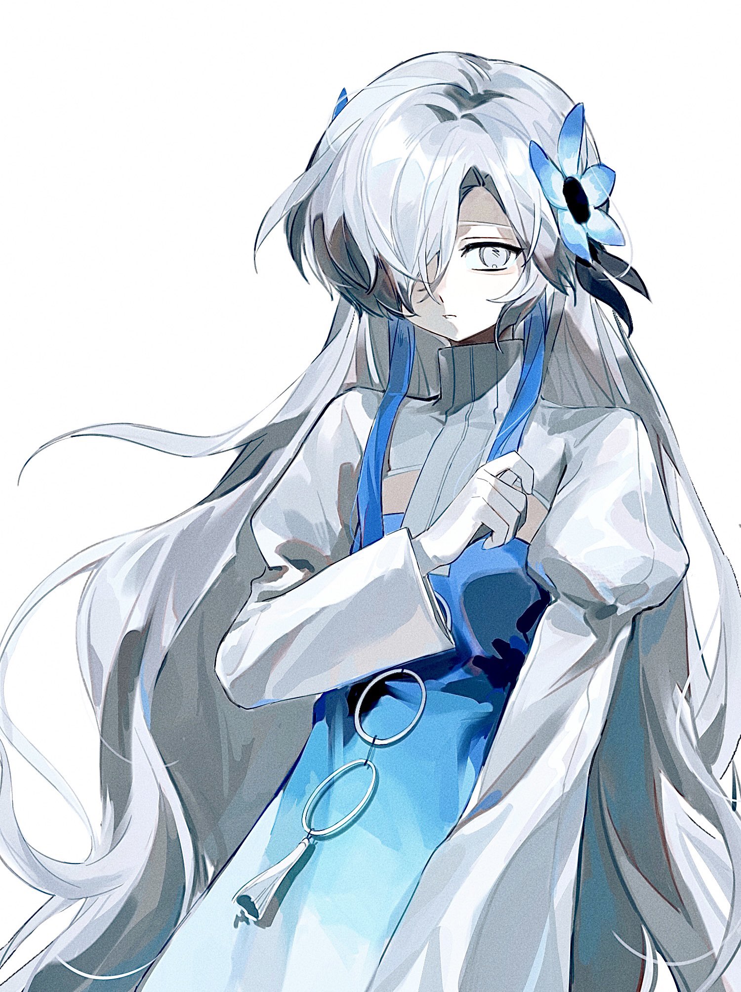 feiwusheng, isekaijoucho, kamitsubaki studio, highres, 1girl, arm at side, blue dress, breasts, dress, flower, grey eyes, grey hair, hair flower, hair ornament, hair over one eye, juliet sleeves, long hair, long sleeves, parted lips, puffy sleeves, shrug (clothing), simple background, small breasts, solo, turtleneck, upper body, very long hair, white background