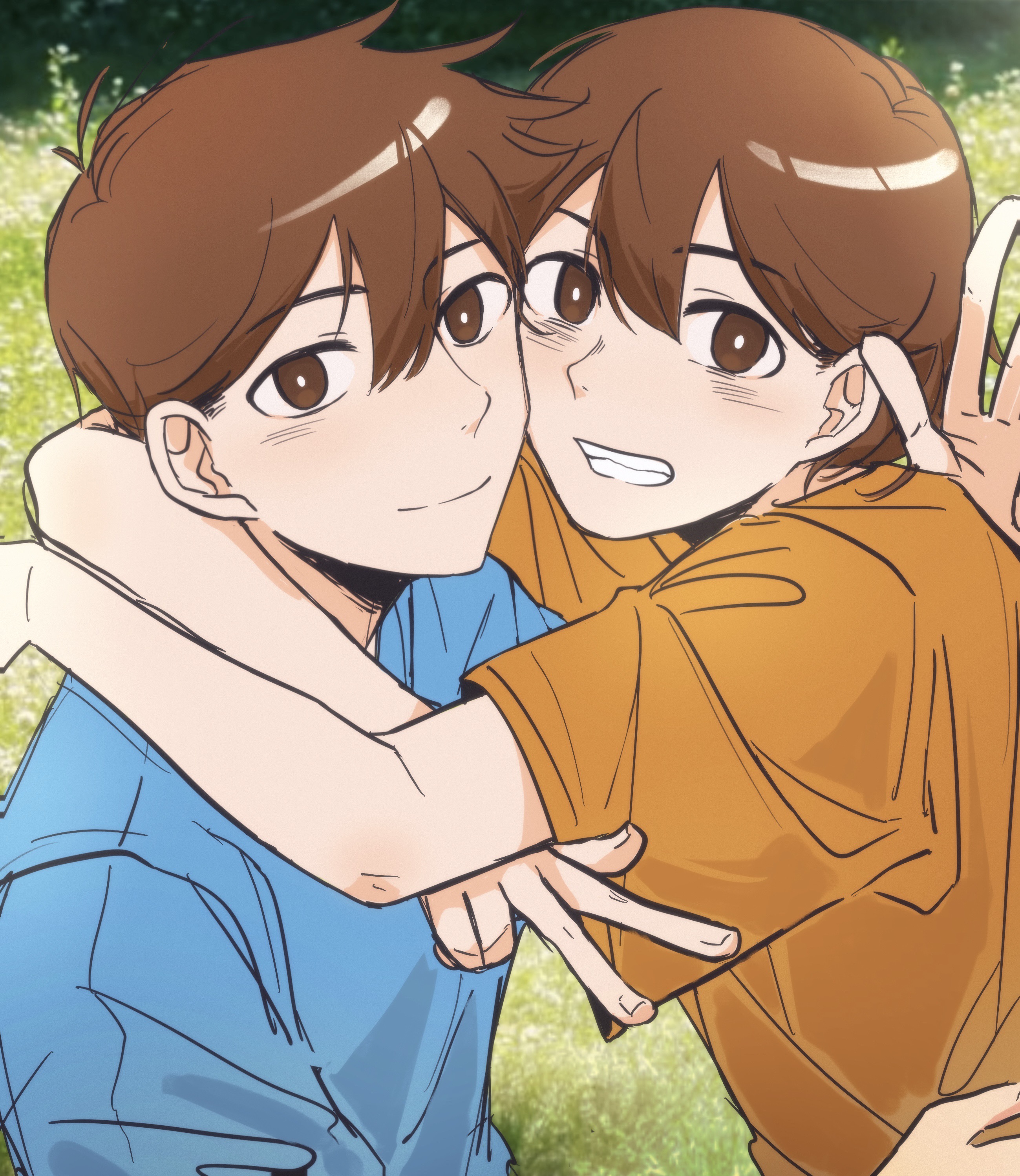 css021125, hero (faraway) (omori), hero (omori), kel (faraway) (omori), kel (omori), omori, absurdres, highres, 2boys, :d, alternate skin color, antenna hair, arms around neck, blue shirt, bright pupils, brothers, brown eyes, brown hair, cheek-to-cheek, closed mouth, day, double-parted bangs, fingernails, grass, grin, hair behind ear, hair between eyes, heads together, hug, looking at viewer, male focus, multiple boys, open mouth, orange shirt, outdoors, shirt, short hair, short sleeves, siblings, smile, t-shirt, upper body, very short hair, w, waving, white pupils
