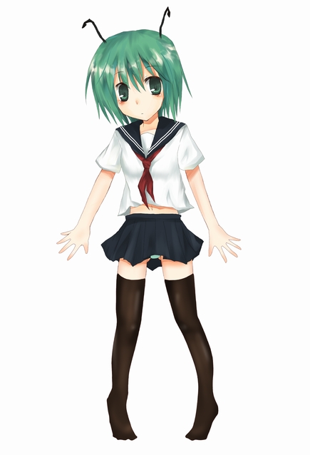 hane riu, wriggle nightbug, touhou, 1girl, alternate costume, antennae, female focus, green eyes, green hair, matching hair/eyes, school uniform, serafuku, skirt, solo, thighhighs