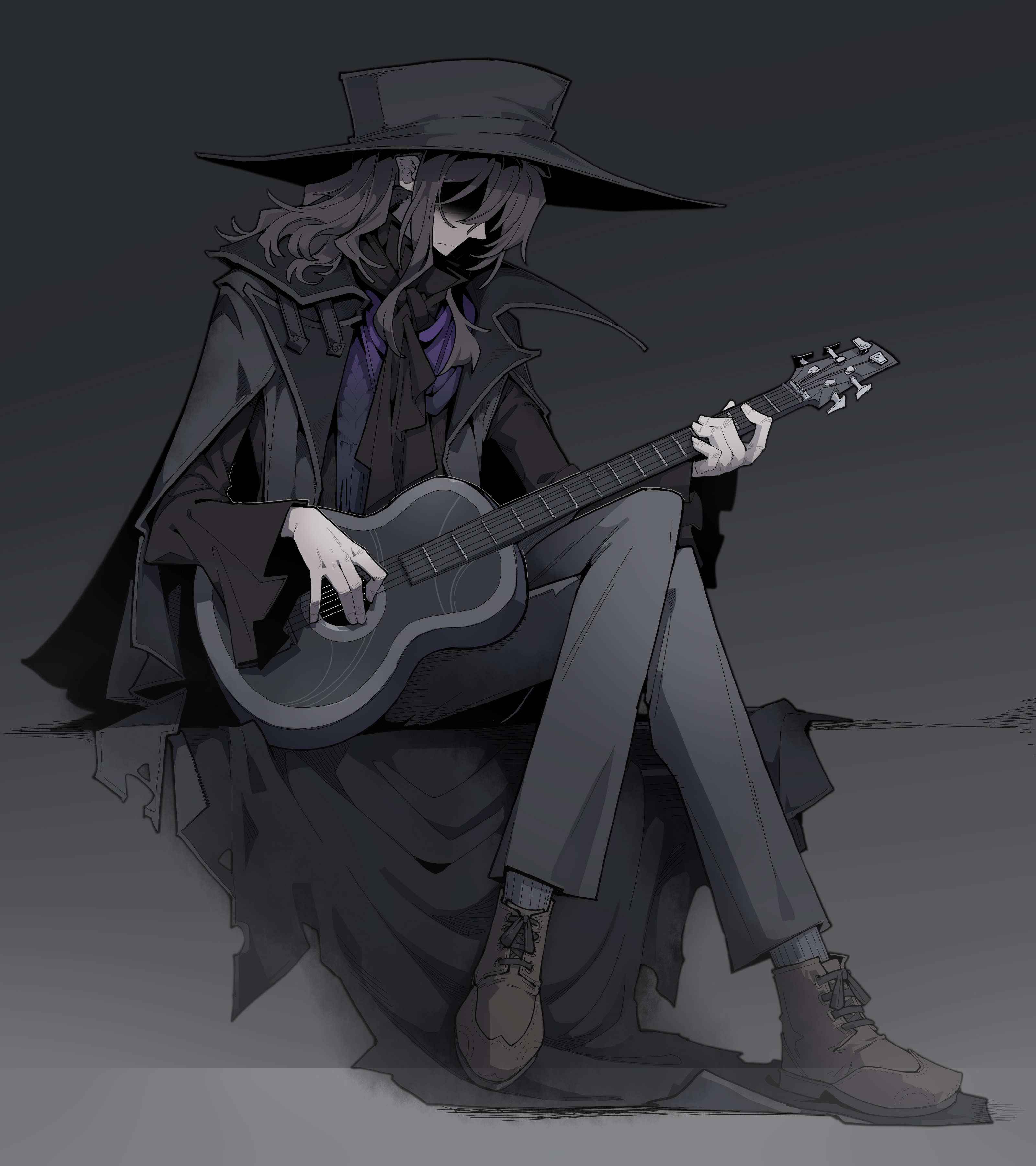 imazawa, absurdres, commentary, highres, paid reward available, 1boy, black coat, black hat, black pants, brown shoes, coat, full body, grey hair, grey socks, guitar, hat, holding, holding guitar, holding instrument, instrument, long hair, long sleeves, male focus, music, pants, playing instrument, shoes, sitting, socks, solo