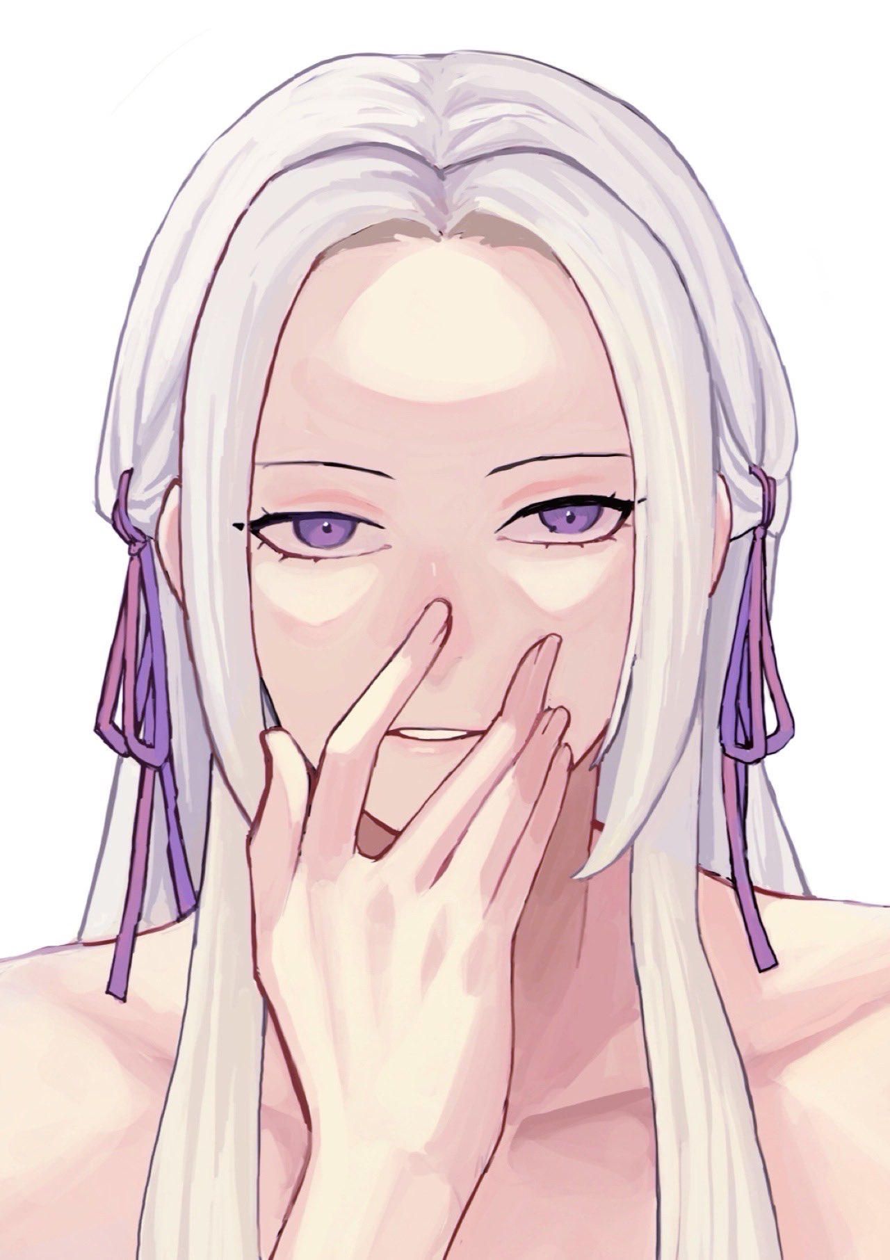 ponzuponta39, edelgard von hresvelg, fire emblem, fire emblem: three houses, nintendo, commentary, hashtag-only commentary, highres, 1girl, collarbone, forehead, hair ribbon, hand on own face, long hair, looking at viewer, nude, purple eyes, purple ribbon, ribbon, simple background, solo, upper body, white background, white hair