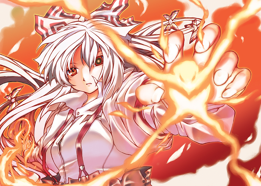 hase nanase, fujiwara no mokou, touhou, silver hair, 1girl, breasts, element bender, female focus, fire, gradient background, long hair, red eyes, ribbon, solo, upper body