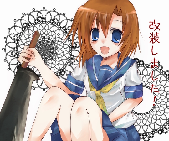 hane riu, ryuuguu rena, higurashi no naku koro ni, 00s, 1girl, billhook, blue eyes, brown hair, female focus, hatchet, nata (tool), school uniform, serafuku, short hair, solo