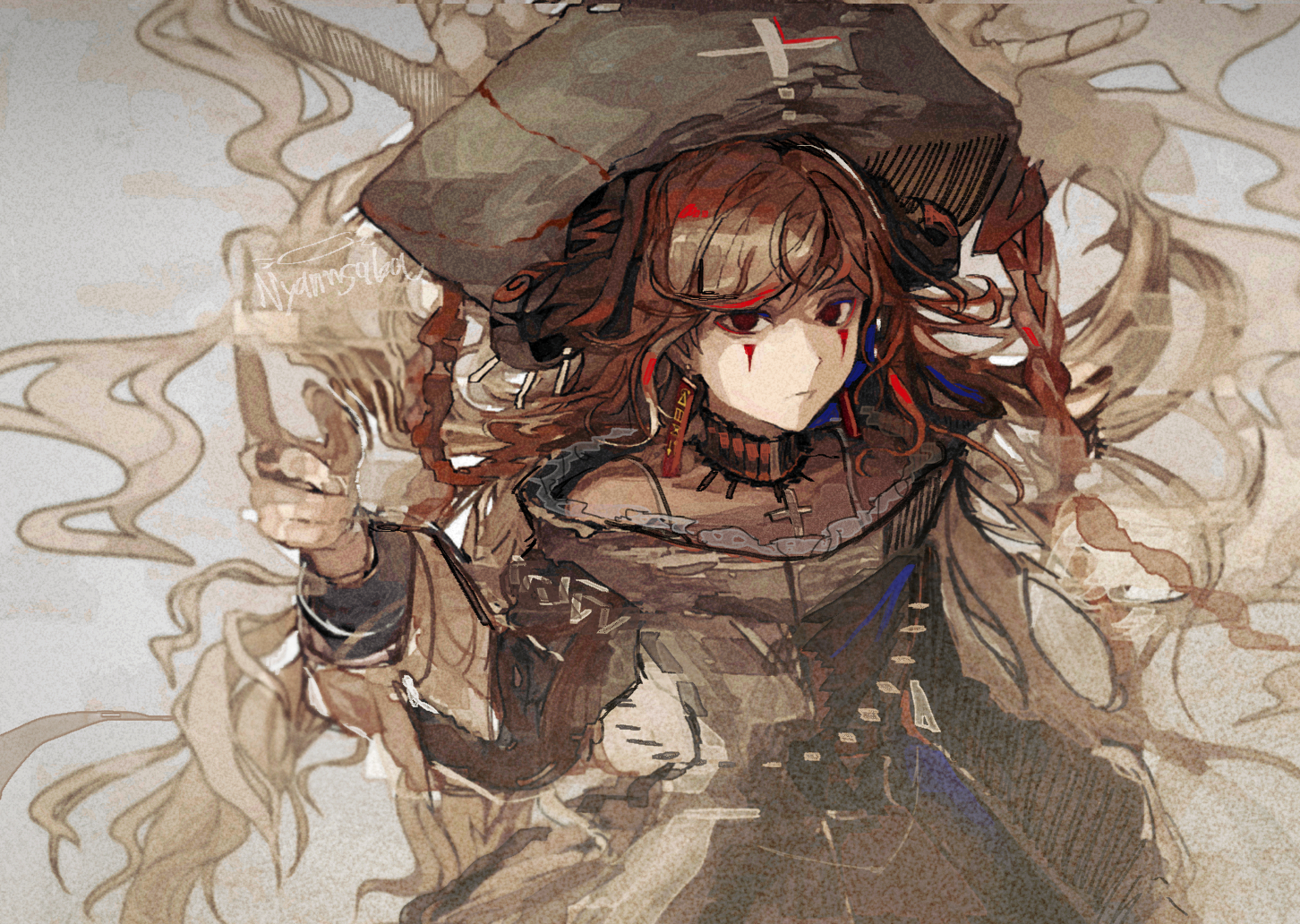 nyannsaka, original, commentary, 1girl, brown dress, brown hair, closed mouth, collar, cowboy shot, dress, earrings, expressionless, facepaint, hand up, hat, jewelry, long hair, long sleeves, looking at viewer, mark under both eyes, red eyes, signature, solo