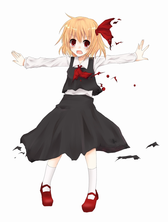 hane riu, rumia, embodiment of scarlet devil, touhou, 1girl, blonde hair, female focus, hair ribbon, necktie, outstretched arms, red eyes, ribbon, short hair, solo, spread arms