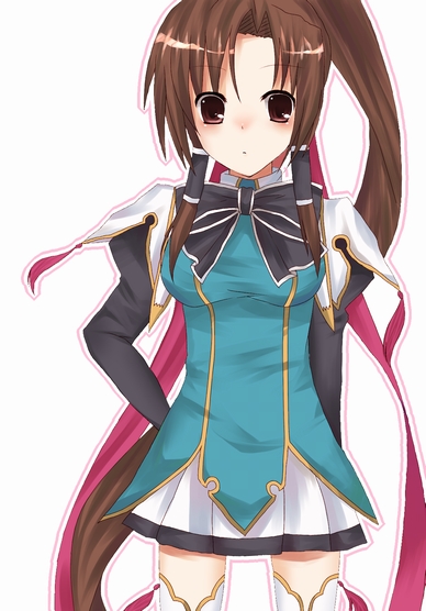 hane riu, bachou (koihime musou), koihime musou, 00s, 1girl, bow, brown eyes, brown hair, dress, female focus, hair tubes, hand on own hip, hip focus, long hair, ponytail, ribbon, simple background, solo, thighhighs, very long hair, white thighhighs, zettai ryouiki