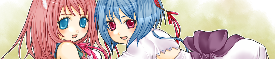 yunako (artist), chouun (koihime musou), ryuubi (koihime musou), koihime musou, bad id, bad pixiv id, long image, wide image, 00s, 2girls, bent over, blue eyes, blue hair, blush, bow, close-up, feathers, hair ribbon, multiple girls, pink eyes, pink hair, ribbon, short hair, smile