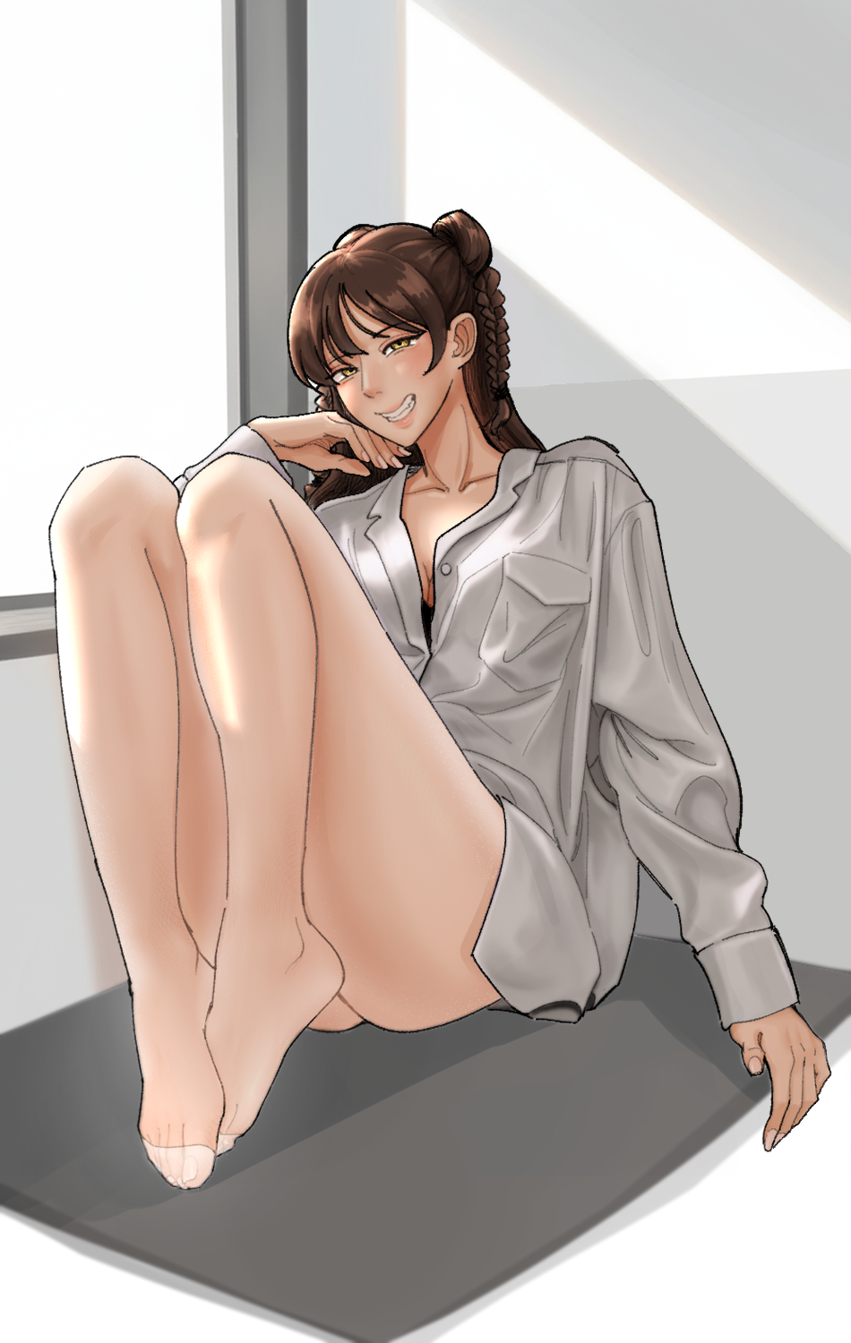 skkkkkk12, original, highres, 1girl, blush, braid, breasts, brown hair, cleavage, collarbone, feet, full body, hand up, indoors, knees up, legs, long legs, long sleeves, looking at viewer, no pants, no shoes, pantyhose, partially unbuttoned, shadow, shirt, sitting, smile, smug, solo, toenails, toes, white pantyhose, white shirt, window