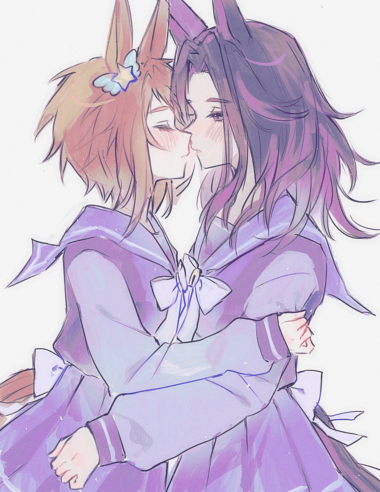 fxtsr, biko pegasus (umamusume), fenomeno (umamusume), umamusume, commentary request, highres, 2girls, animal ears, black hair, blush, bow, brown hair, closed mouth, ear ornament, flipped hair, hair ornament, horse ears, horse girl, horse tail, imminent kiss, long hair, long sleeves, looking at another, multicolored hair, multiple girls, parted lips, purple hair, purple sailor collar, purple serafuku, purple shirt, purple skirt, sailor collar, sailor shirt, school uniform, serafuku, shirt, short hair, simple background, skirt, tail, tracen school uniform, white background, wing ornament, yuri