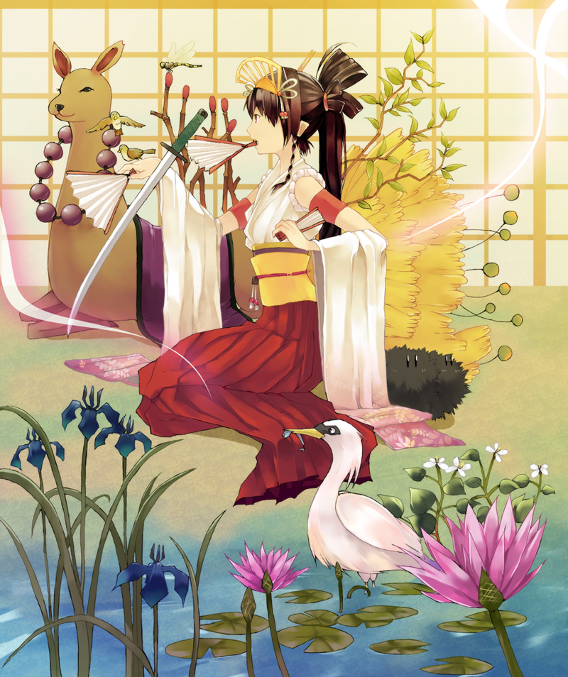 nauribon, original, bad id, bad pixiv id, 1girl, bird, bird on hand, brown hair, bug, crane (animal), dragonfly, female focus, fish, flower, folding fan, from side, hair ornament, hair rings, hand fan, holding, holding fan, insect, iris (flower), japanese clothes, katana, lily pad, llama, long hair, lotus, mouth hold, profile, seiza, sitting, solo, sparrow, sparrow (bird), surreal, sword, water lily flower, weapon