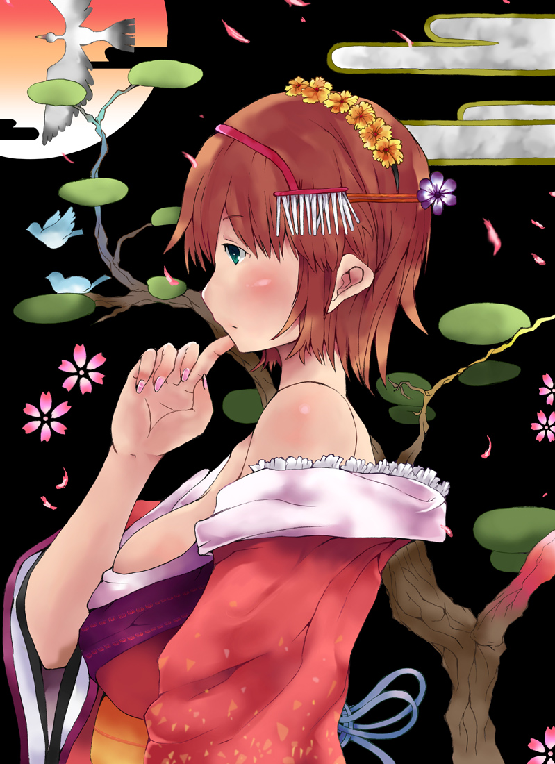 nauribon, original, bad id, bad pixiv id, 1girl, bare shoulders, bird, brown hair, egasumi, female focus, flower, green eyes, hair flower, hair ornament, japanese clothes, kimono, profile, short hair, solo
