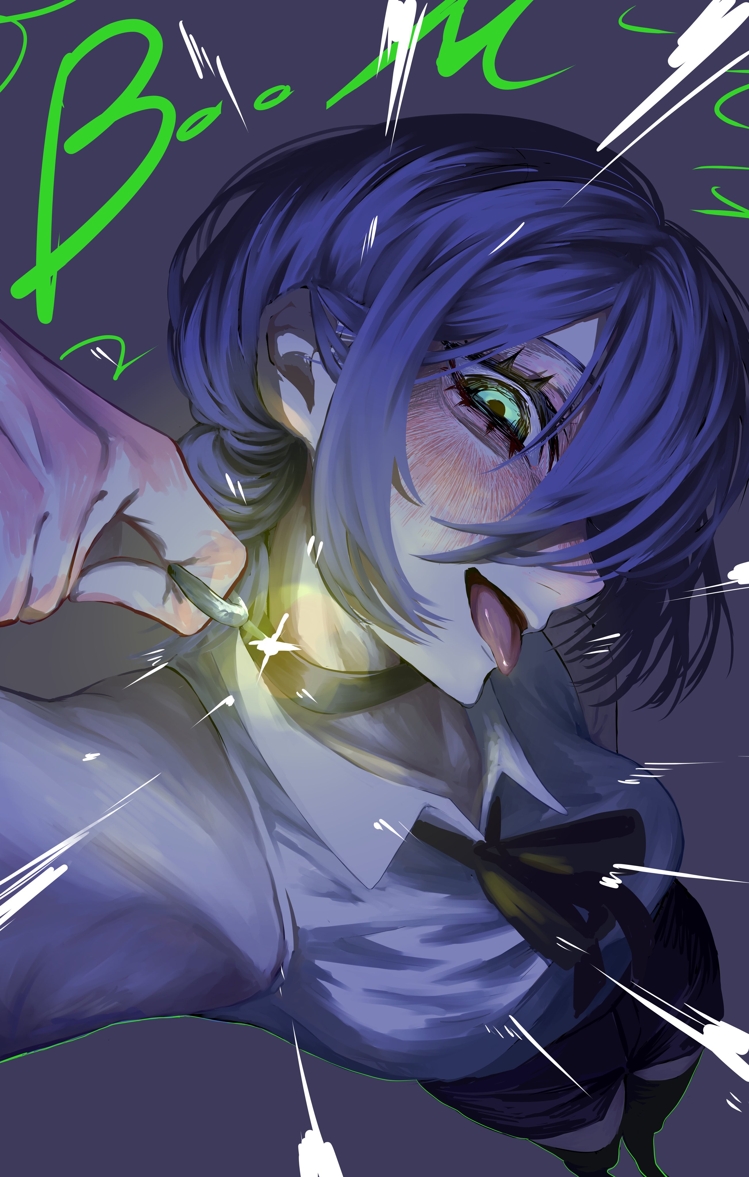 reze (chainsaw man), chainsaw man, absurdres, highres, 1girl, armpits, black ribbon, black shorts, black thighhighs, blue hair, blush, buzz nou, from above, green eyes, grenade pin, grey shirt, imminent explosion, looking at viewer, neck ribbon, open mouth, ribbon, shirt, shorts, sleeveless, sleeveless shirt, solo, sparks, thighhighs, tongue, tongue out