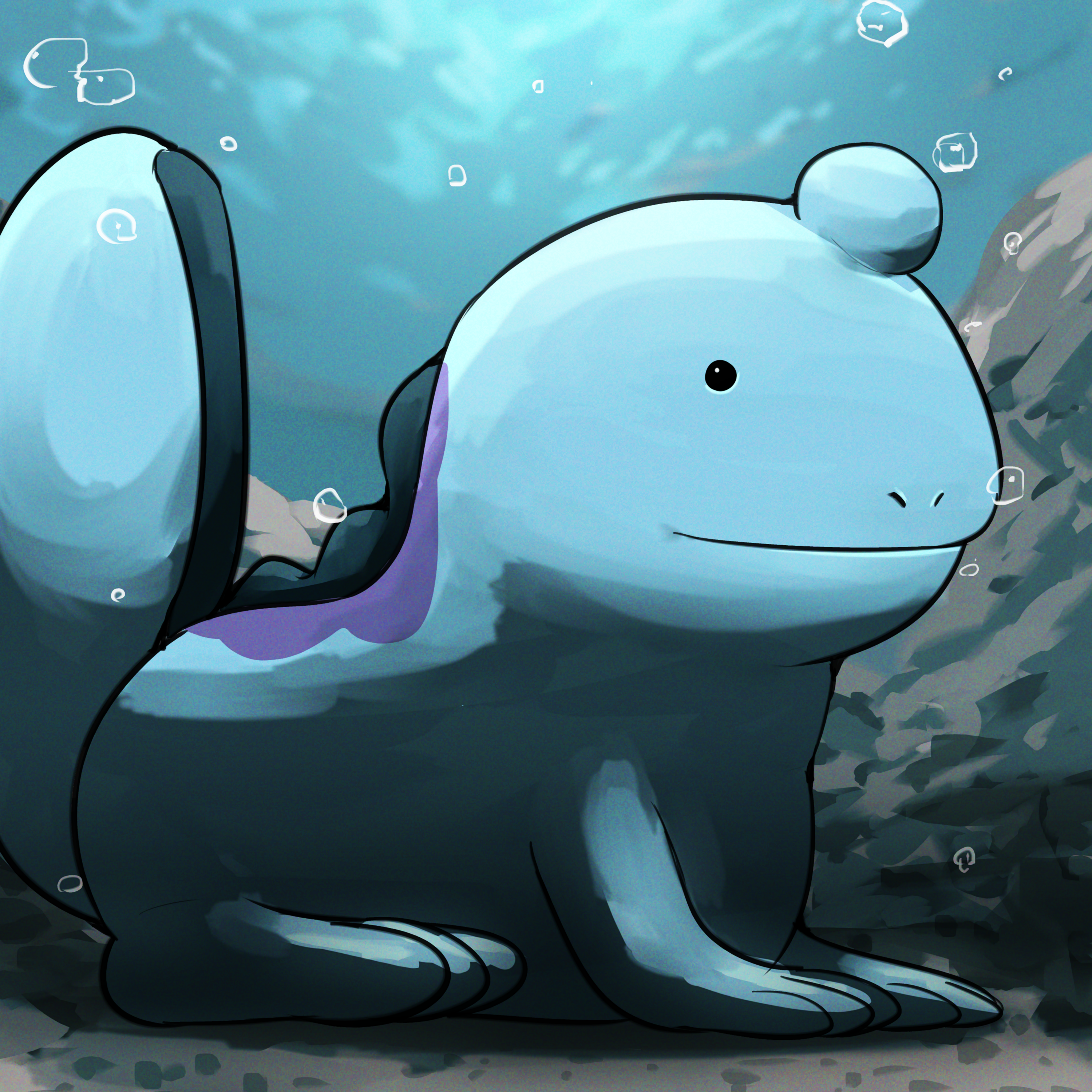 spicyichizo, quagsire, nintendo, pokemon, absurdres, highres, air bubble, blue skin, bubble, colored skin, from side, gen 2 pokemon, head bump, no humans, pokemon (creature), solo, underwater