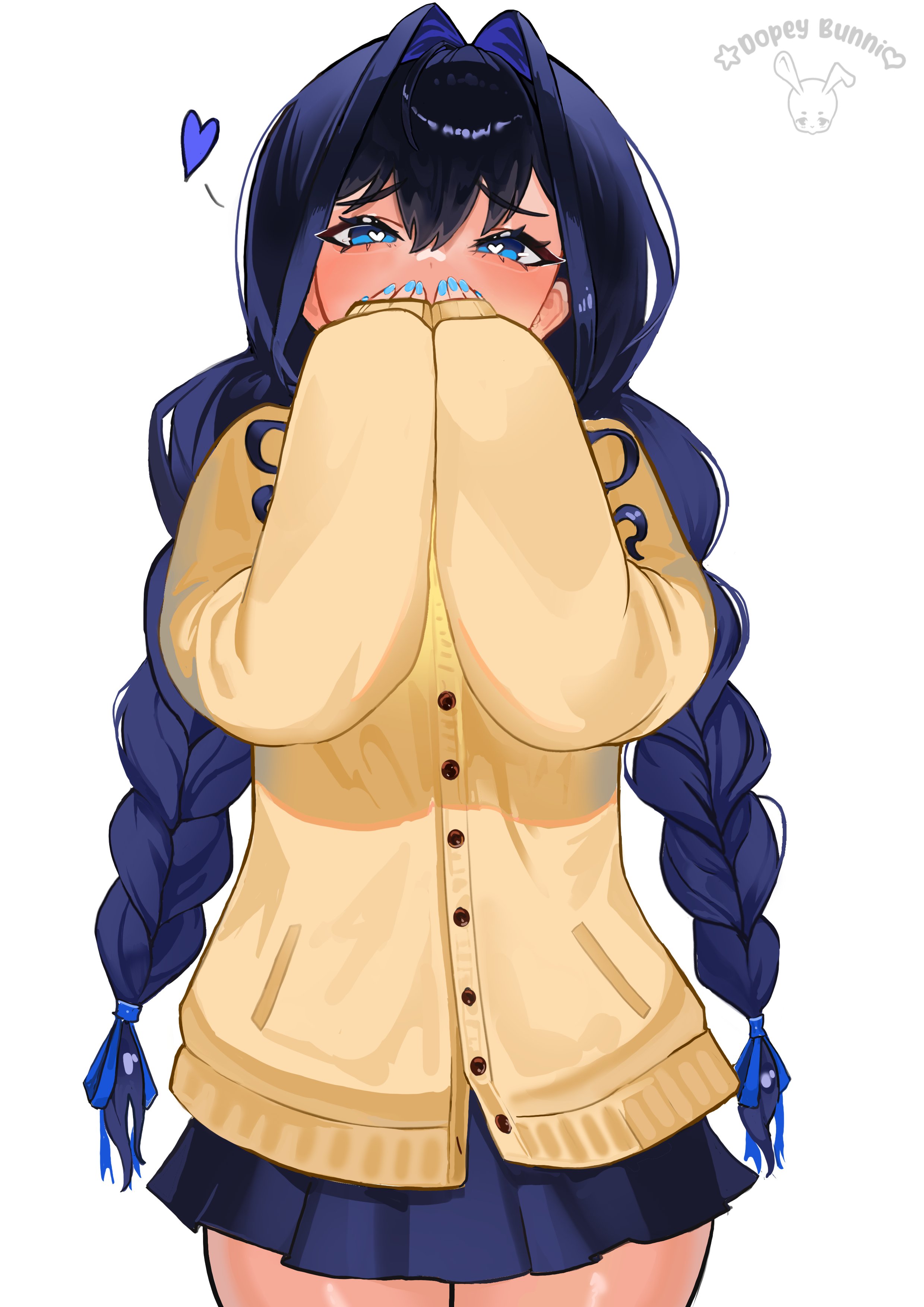 dopeybunni, ouro kronii, hololive, hololive english, absurdres, commentary, english commentary, highres, 1girl, artist name, blue eyes, blue hair, blue ribbon, blue skirt, braid, cardigan, covering own mouth, hair intakes, hair ribbon, heart, heart-shaped pupils, long hair, looking at viewer, low twin braids, pleated skirt, ribbon, school uniform, simple background, skirt, sleeves past wrists, solo, symbol-shaped pupils, twin braids, virtual youtuber, white background, yellow cardigan