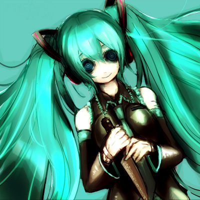 suzuki mipo, hatsune miku, vocaloid, bad id, bad pixiv id, lowres, 1girl, aqua hair, creepy, female focus, green hair, horror (theme), knife, solo, twintails, yandere