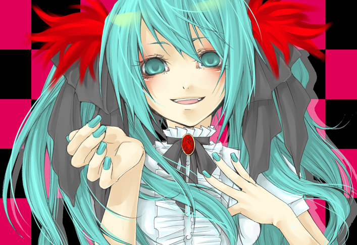 sezco, hatsune miku, vocaloid, world is mine (vocaloid), 1girl, aqua eyes, aqua hair, aqua nails, female focus, gem, long hair, nail polish, solo, yandere