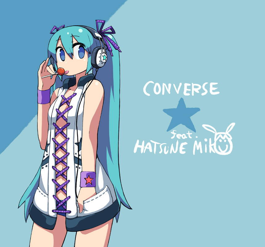 chan co, hatsune miku, vocaloid, 1girl, blue hair, candy, cowboy shot, female focus, food, headphones, lollipop, solo