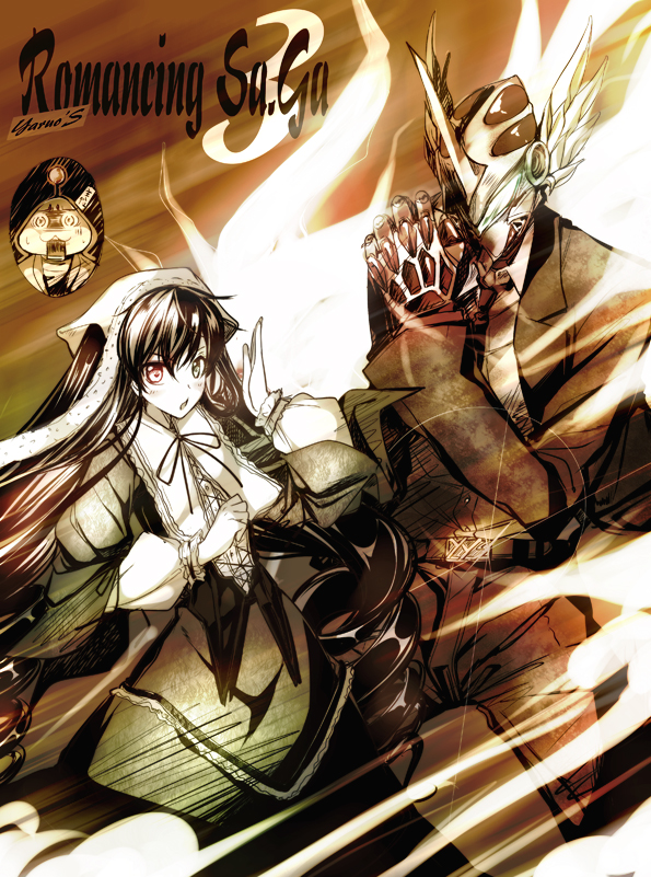 kawakami shuuichi, shu (artist), suiseiseki, rozen maiden, 00s, 1boy, 1girl, brown hair, dress, drill hair, fighting stance, green eyes, headscarf, helmet, heterochromia, looking at viewer, motion lines, red eyes, speed lines, white headscarf