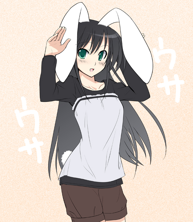 kuropenguin, translation request, animal ears, black hair, green eyes, long hair, rabbit ears, rabbit tail, shorts, solo, tail