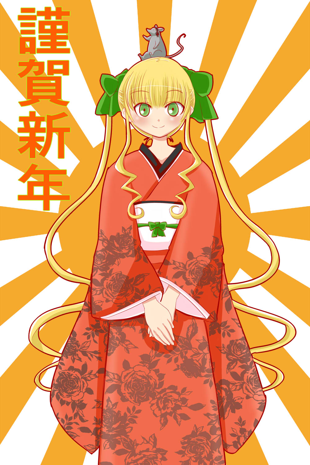 itini-sanshi, shinku, suigintou, rozen maiden, commentary request, highres, translated, 1girl, animalization, blonde hair, chinese zodiac, closed mouth, cowboy shot, drill hair, drill sidelocks, floral print, floral print kimono, green eyes, japanese clothes, kimono, long hair, looking at viewer, mouse (animal), new year, obi, orange background, print kimono, red kimono, sash, sidelocks, smile, solo, sunburst, sunburst background, twintails, very long hair, white background, white sash, year of the rat