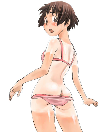 zerry, zerry fujio, 1girl, ass, back, bikini, bikini pull, blush, brown eyes, brown hair, butt crack, clothes pull, female focus, from behind, open mouth, outstretched arms, pink bikini, shirt tan, short hair, shorts tan, simple background, solo, spread arms, swimsuit, tan, tanline, white background