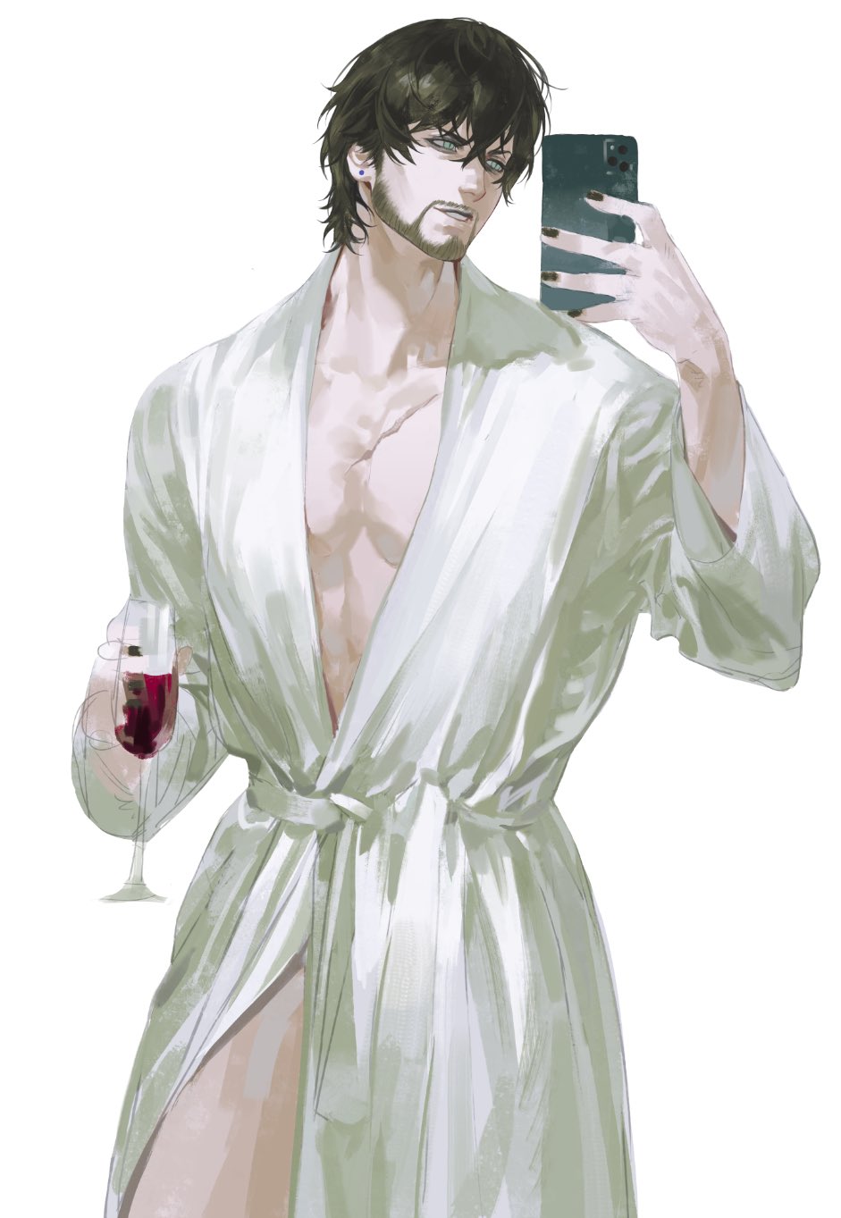barnabas tharmr, final fantasy, final fantasy xvi, highres, 1boy, alcohol, bathroom, beard, black hair, black nails, cowboy shot, cup, drinking glass, earrings, facial hair, hair between eyes, holding, holding cup, holding phone, jewelry, lmoosgu, male focus, nail polish, parted lips, pectorals, phone, red wine, robe, scar, scar on chest, short hair, solo, stud earrings, white background, white robe, wine, wine glass