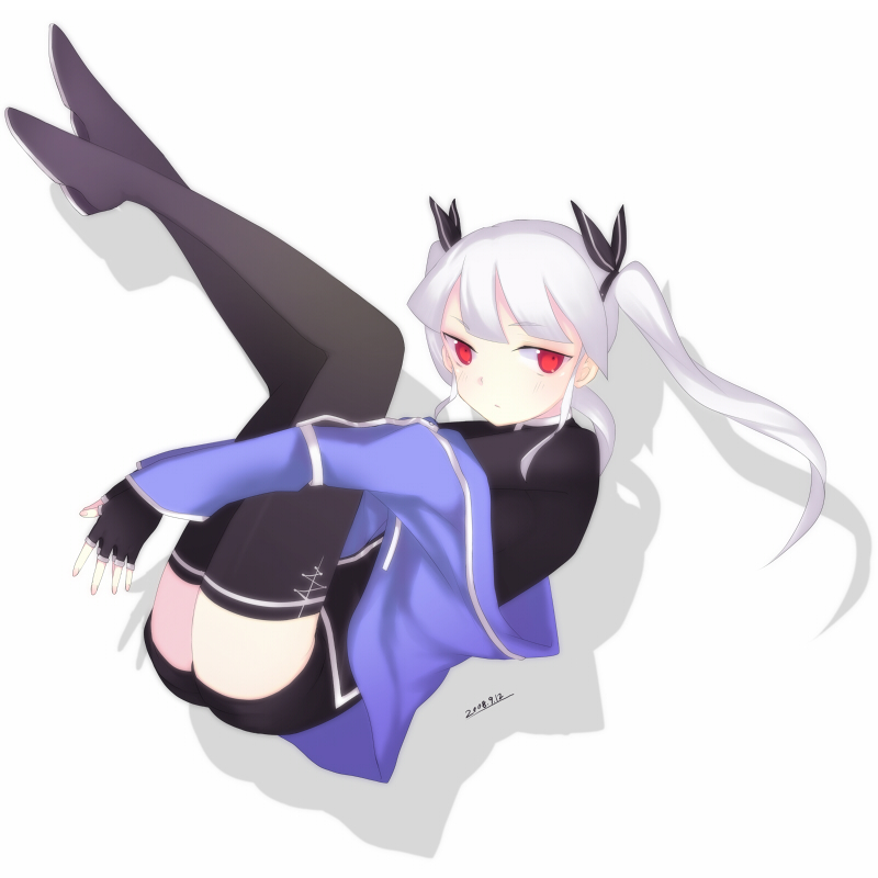 harano, original, 00s, 1girl, 2008, albino, expressionless, female focus, fingerless gloves, gloves, hair ribbon, legs up, long hair, looking at viewer, off shoulder, reclining, red eyes, ribbon, shadow, shorts, simple background, solo, thighhighs, thighs, twintails, white hair