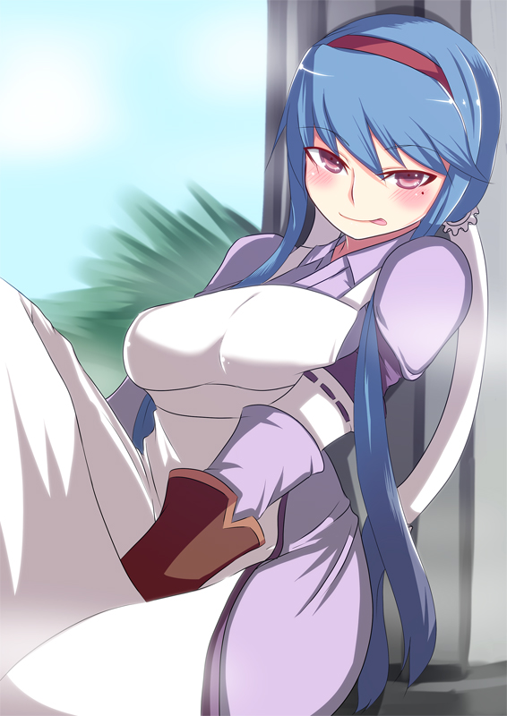 johnny funamushi, anastasia valeria, wild arms, wild arms 2, 1girl, :p, armor, armored dress, blue hair, blush, breasts, dress, female focus, gloves, hairband, large breasts, long hair, mole, mole under eye, pink eyes, red hairband, solo, tongue, tongue out, window