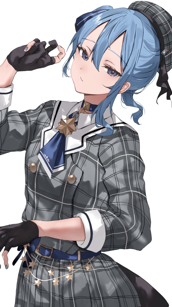 nekoshima kaede, hoshimachi suisei, hoshimachi suisei (1st costume), hololive, 1girl, beret, black gloves, blue bow, blue choker, blue eyes, blue hair, blue skirt, bow, choker, closed mouth, dress, gloves, grey dress, hair bow, hat, looking at viewer, one side up, partially fingerless gloves, skirt, solo, striped clothes, striped dress, vertical-striped clothes, vertical-striped dress, virtual youtuber, white background
