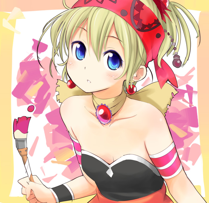 toshiya, relm arrowny, final fantasy, final fantasy vi, 1990s (style), 1girl, armlet, art brush, bandana, bare shoulders, blonde hair, blue eyes, bracelet, child, choker, earrings, female focus, flat chest, hairband, headband, jewelry, paint, paintbrush, solo