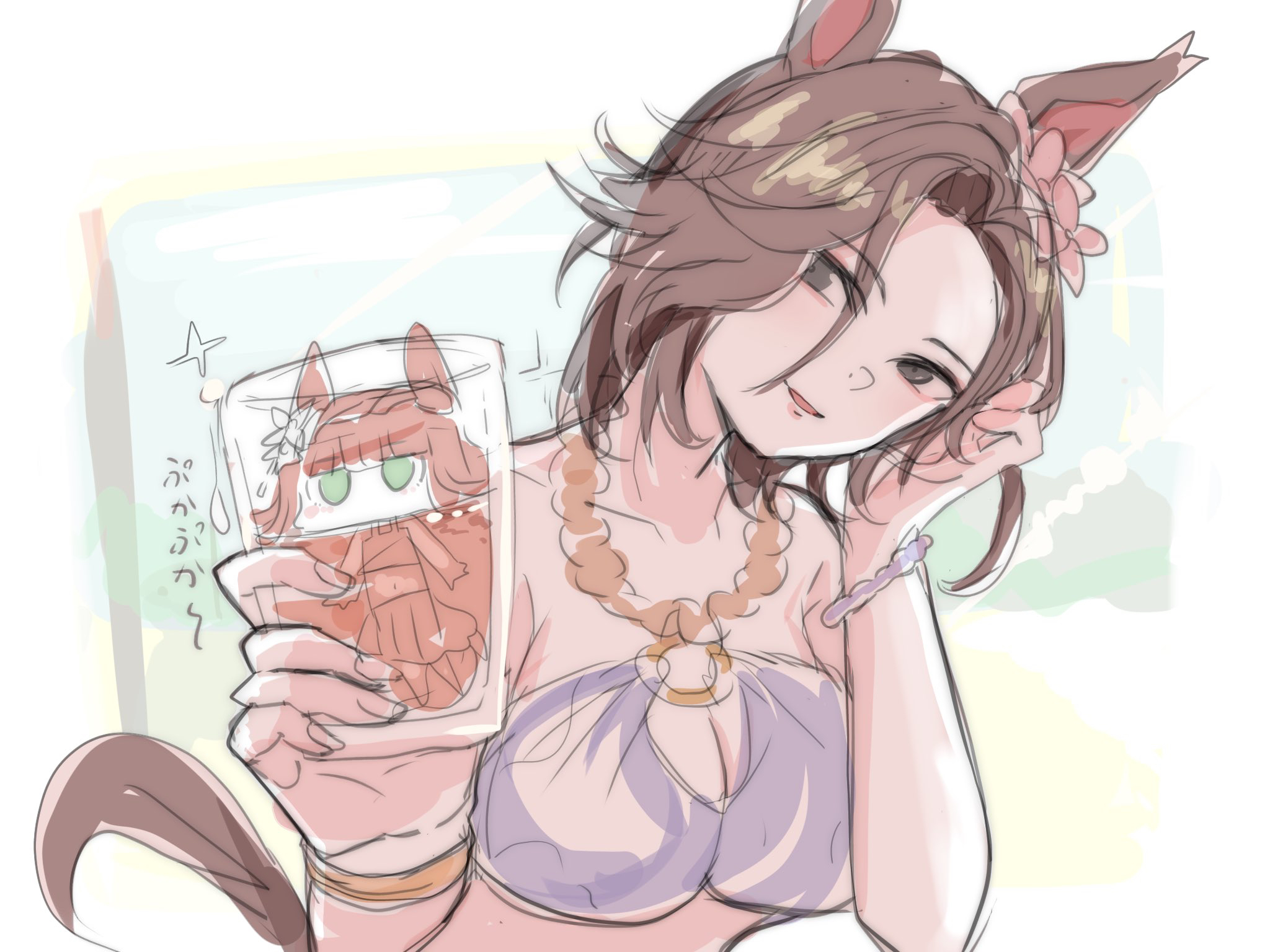 kawamochi (tddm3573), air groove (seaside bloom) (umamusume), air groove (umamusume), silence suzuka (emerald on the waves) (umamusume), silence suzuka (umamusume), umamusume, derivative work, highres, screenshot redraw, translation request, 2girls, animal ears, bracelet, breasts, brown hair, chibi, chibi inset, cleavage, cup, flower, grey eyes, hair flower, hair ornament, holding, holding cup, horse ears, horse girl, horse tail, jewelry, large breasts, looking at viewer, multiple girls, navel, official alternate costume, official alternate hairstyle, short hair, sketch, tail