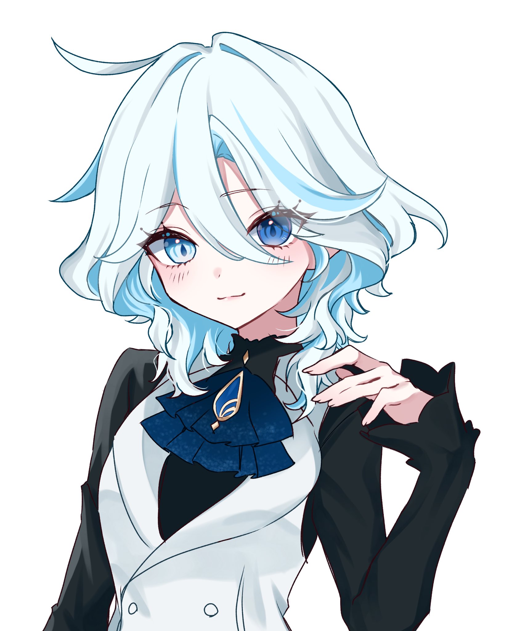 furina (genshin impact), genshin impact, highres, 1girl, ahoge, ascot, black sleeves, blue ascot, blue eyes, blue gemstone, blue hair, cowlick, drop-shaped pupils, eyelash ornament, gem, hair between eyes, heterochromia, mismatched pupils, multicolored hair, no jacket, ouji fashion, short hair, simple background, smile, solo, streaked hair, symbol-shaped pupils, takura 0103, vest, white background, white hair, white vest