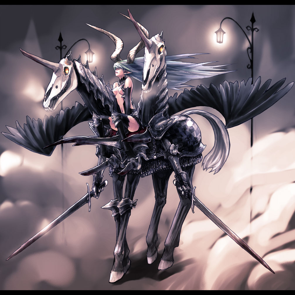 ongaku nasca, pixiv fantasia, pixiv fantasia 2, 1girl, dragon, fantasy, female focus, horns, multiple heads, skull, solo, sword, weapon, wings