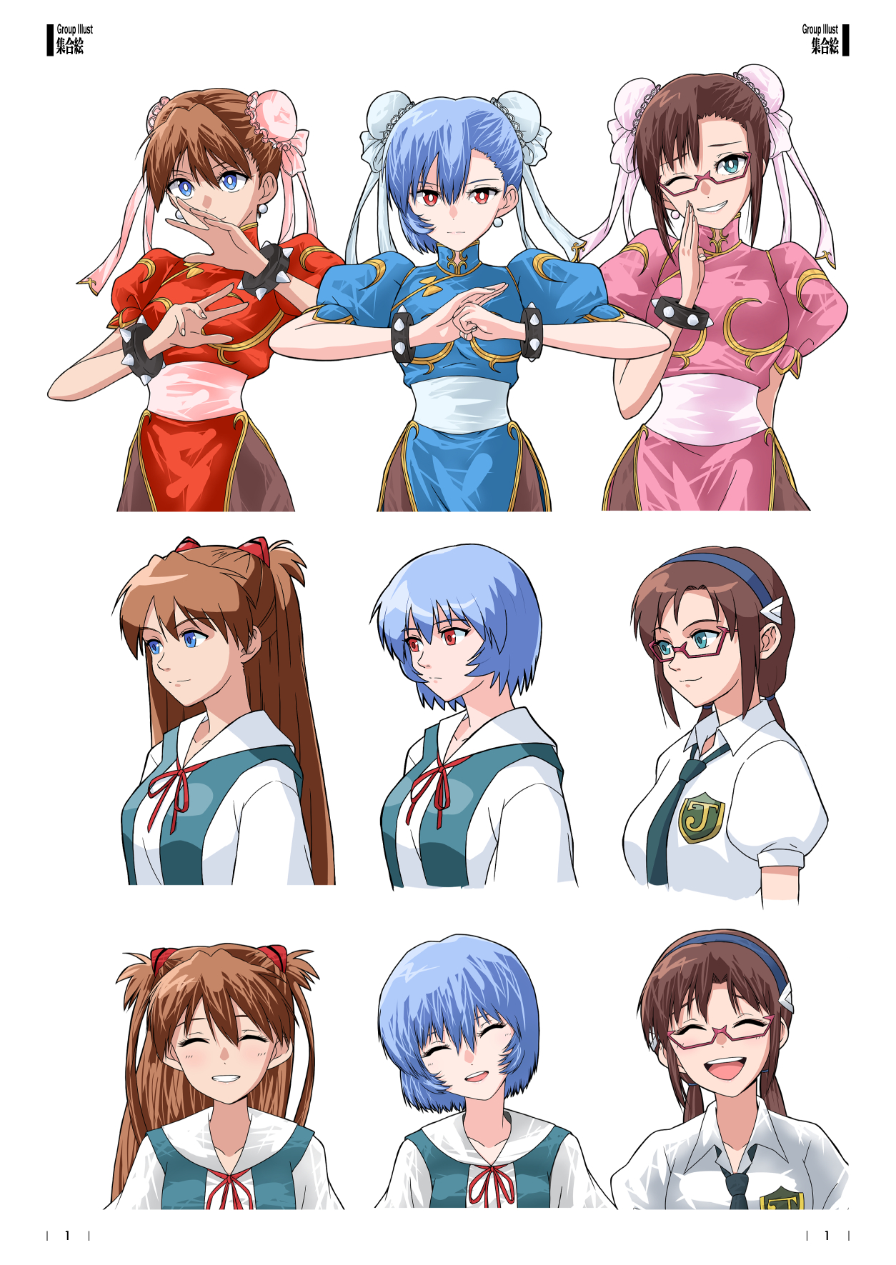 sashimi (sasihmi), ayanami rei, chun-li, makinami mari illustrious, souryuu asuka langley, capcom, neon genesis evangelion, rebuild of evangelion, street fighter, highres, 3girls, blue dress, blue eyes, blue hair, bracelet, brown hair, bun cover, chun-li (cosplay), closed eyes, cosplay, double bun, dress, earrings, expressionless, glasses, hair bun, hairband, jewelry, long hair, looking at viewer, multiple girls, neck ribbon, necktie, one eye closed, pantyhose, pearl earrings, pelvic curtain, pink dress, puffy short sleeves, puffy sleeves, red-framed eyewear, red dress, red eyes, red ribbon, ribbon, sash, school uniform, shirt, short hair, short sleeves, smile, solo, spiked bracelet, spikes, tokyo-3 middle school uniform, white shirt