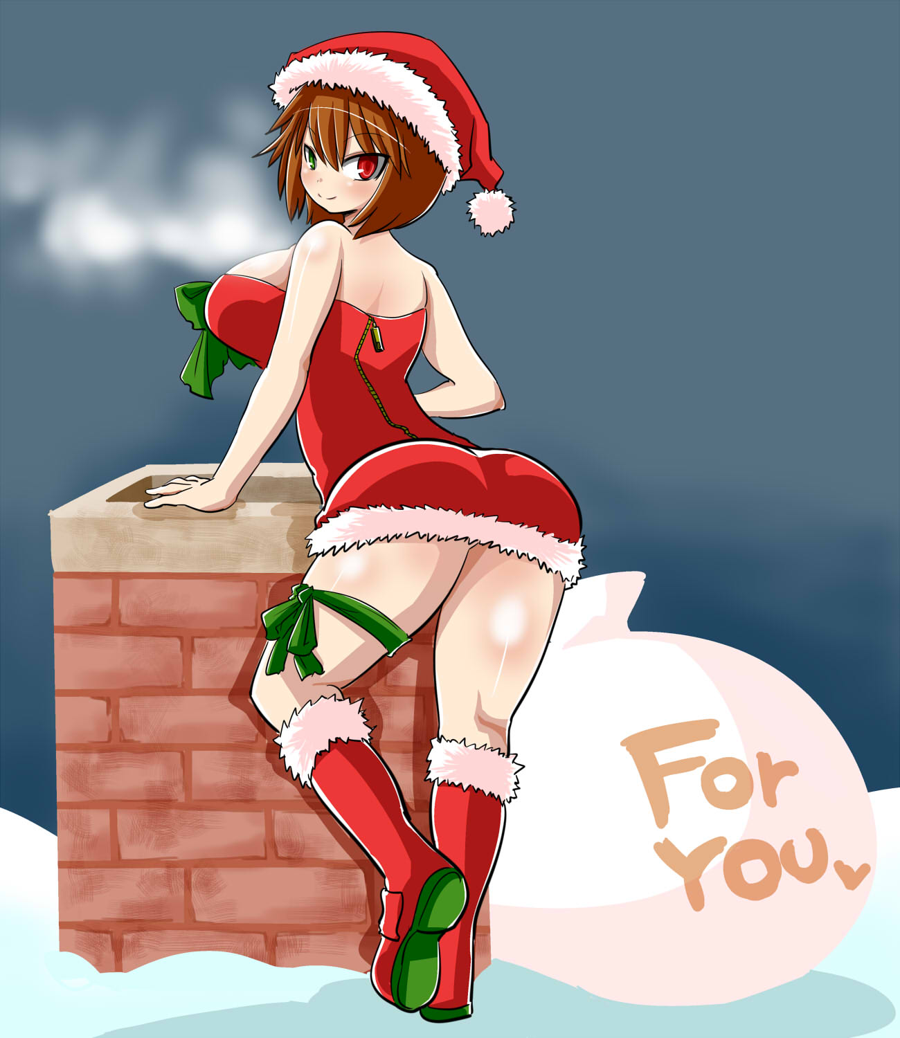 itini-sanshi, souseiseki, rozen maiden, commentary request, highres, 1girl, alternate breast size (larger), alternate costume, ass, blush, boots, breasts, breath, brown hair, chimney, christmas, closed mouth, dress, from behind, full body, fur-trimmed boots, fur-trimmed dress, fur trim, green eyes, heterochromia, kneepits, large breasts, looking at viewer, looking back, outdoors, red boots, red dress, red eyes, sack, santa costume, short hair, smile, snow, solo, strapless, strapless dress, zipper dress