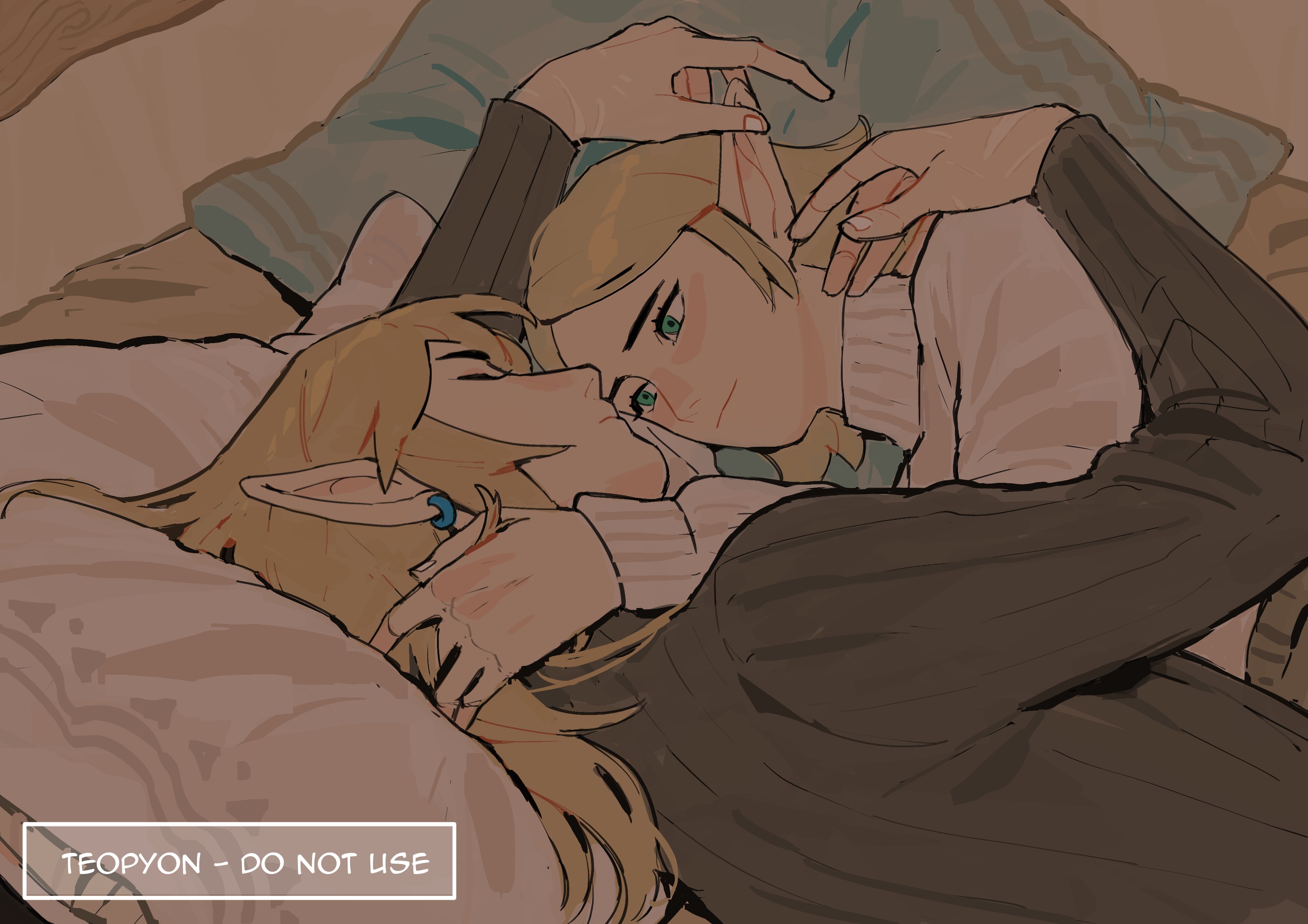 pyonteo, link, princess zelda, nintendo, the legend of zelda, the legend of zelda: tears of the kingdom, absurdres, commentary, english commentary, highres, 1boy, 1girl, artist name, bed, black sweater, blonde hair, closed eyes, couple, earrings, english text, green eyes, hair ornament, head on pillow, hetero, jewelry, long hair, looking at another, on bed, pillow, pointy ears, sidelocks, sleeping, sweater, turtleneck, turtleneck sweater, upper body, white sweater