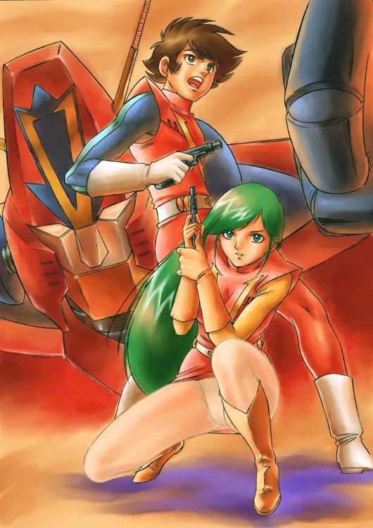 oriharucon, combattler v (robot), hyouma aoi, nanbara chizuru, choudenji robo combattler v, sunrise (company), toei company, 1970s (style), 1boy, 1girl, boots, brown eyes, brown hair, couple, gloves, green eyes, green hair, gun, hetero, mecha, oldschool, panties, retro artstyle, robot, underwear, weapon