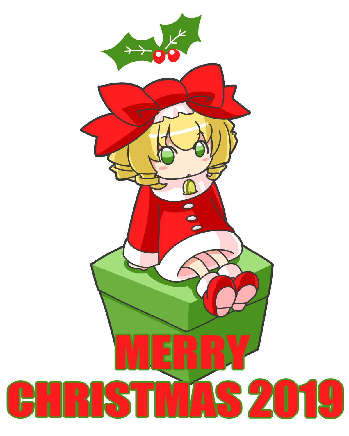 itini-sanshi, hinaichigo, rozen maiden, commentary request, highres, 1girl, 2019, alternate costume, bell, blonde hair, bow, buttons, chibi, chibi only, christmas, dress, drill hair, full body, green eyes, hat, hat bow, holly, long sleeves, looking at viewer, merry christmas, open mouth, quad drills, red bow, red dress, red shoes, santa costume, shoes, short hair, simple background, solo, white background
