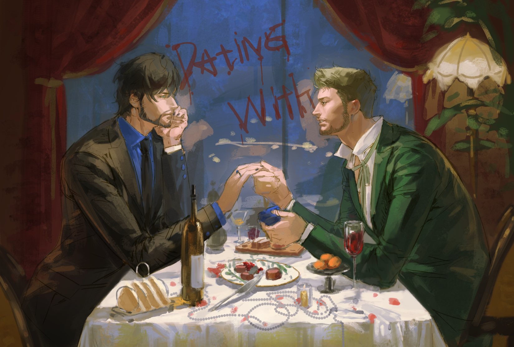 barnabas tharmr, cidolfus telamon, kampfer (mobile suit), final fantasy, final fantasy xvi, highres, 2boys, beard, black hair, black jacket, black nails, black necktie, blonde hair, blue shirt, bottle, box, butter knife, chain, collared shirt, contemporary, cup, curtains, dinner, drinking glass, facial hair, green jacket, hair between eyes, head on hand, holding, holding box, holding hands, indoors, jacket, jewelry, knife, lamp, lmoosgu, looking at another, male focus, multiple boys, nail polish, neck ribbon, necktie, parted lips, red wings, ribbon, ring, ring box, shirt, white shirt, wine bottle, wine glass, wings, yaoi
