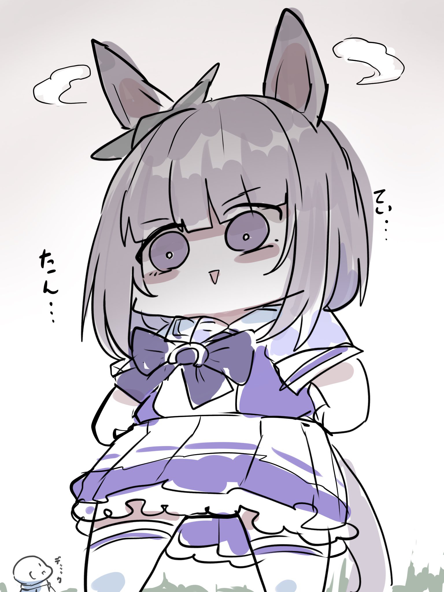 kawamochi (tddm3573), mejiro family matriarch, trainer (umamusume), umamusume, character request, check character, highres, translation request, 1boy, 1girl, animal ears, bow, chibi, cloud, ear ribbon, giant, giantess, green ribbon, horse ears, horse girl, horse tail, pleated skirt, puffy short sleeves, puffy sleeves, purple bow, purple shirt, ribbon, school uniform, shirt, short sleeves, skirt, standing, tail, thighhighs, tracen school uniform, white skirt, white thighhighs