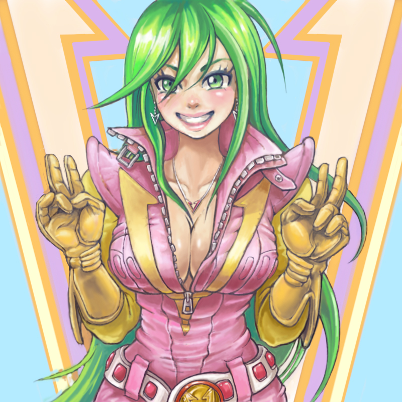 pipipi, nanbara chizuru, choudenji robo combattler v, sunrise (company), toei company, pilot suit, 1970s (style), 1girl, belt, blush, bodysuit, breasts, cleavage, earrings, female focus, gloves, green eyes, green hair, grin, jewelry, lipstick, long hair, makeup, matching hair/eyes, necklace, oldschool, retro artstyle, smile, solo, teeth, v, zipper