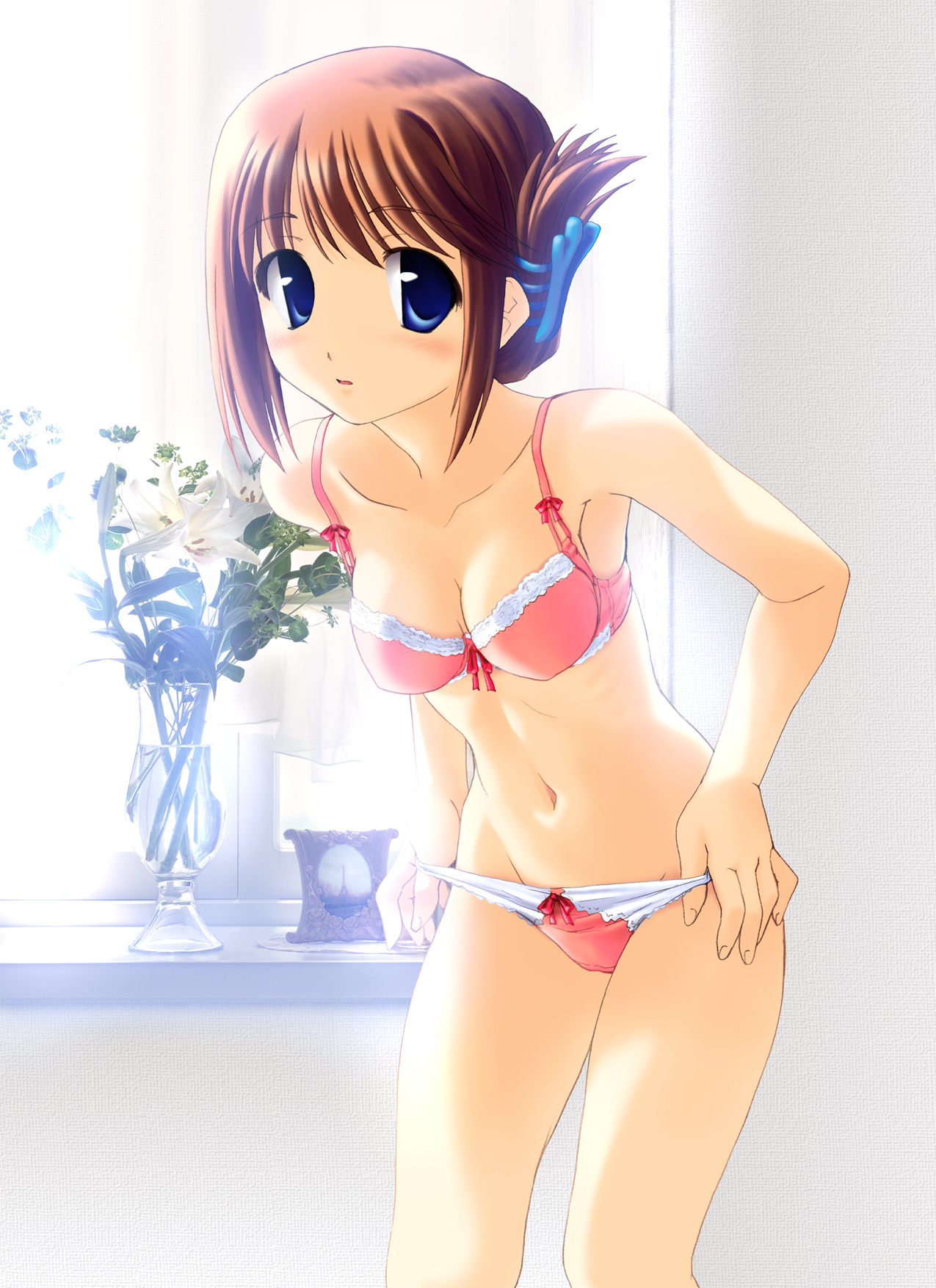 norizou type-r, komaki manaka, to heart (series), to heart 2, eyebrows, highres, 00s, 1girl, armpits, bare shoulders, blue eyes, blush, bow, bow bra, bow panties, bra, breasts, brown hair, cleavage, collarbone, embarrassed, female focus, folded ponytail, groin, hair ornament, indoors, legs together, lingerie, looking at viewer, medium breasts, navel, panties, panty pull, parted lips, red bra, red panties, ribs, short hair, solo, standing, underwear, underwear only, undressing, window