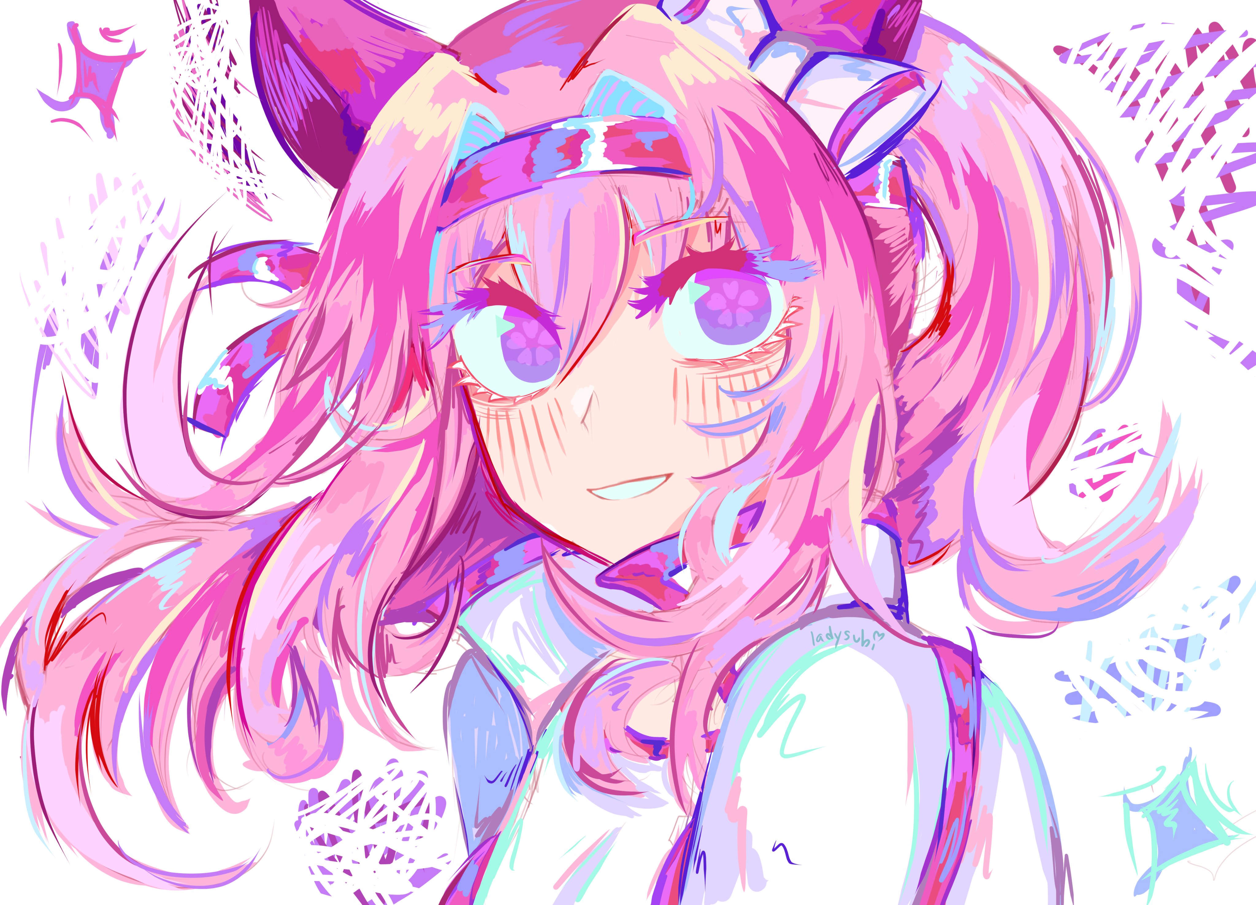 haru urara (bestest prize) (umamusume), haru urara (umamusume), umamusume, absurdres, highres, 1girl, animal ears, blush, bow, ear bow, ear covers, flower-shaped pupils, flower in eye, hairband, headband, horse ears, horse girl, jacket, ladysubi, long hair, looking at viewer, open mouth, pink eyes, pink hair, pink headband, ponytail, red headband, shirt, smile, solo, symbol-shaped pupils, symbol in eye, upper body, white jacket, white shirt