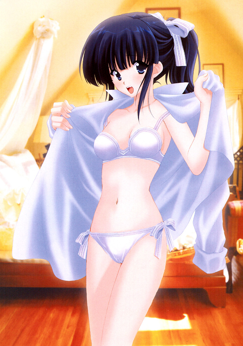 mario kaneda, koyomi hare nanaka, girls bravo, highres, non-web source, official art, scan, scan artifacts, 00s, 1girl, :d, bed, bedroom, blue eyes, blue hair, blunt bangs, blush, bow, bra, breasts, chair, curtains, dress shirt, fang, female focus, hair between eyes, hair bow, indoors, lace, lace-trimmed bra, lace-trimmed panties, lace-trimmed ribbon, lace trim, lamp, lingerie, long hair, looking at viewer, matching hair/eyes, navel, open clothes, open mouth, open shirt, panties, photo (object), photo background, ponytail, ribbon, shirt, side-tie panties, sideboob, sidelocks, smile, solo, standing, sunlight, sweatdrop, underwear, undressing, white bra, white panties, wooden floor