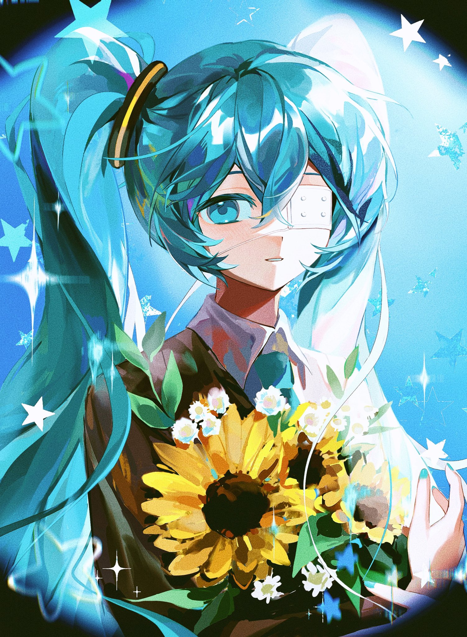 feiwusheng, hatsune miku, monitoring (vocaloid), highres, 1girl, aqua eyes, aqua hair, aqua nails, brown jacket, collared shirt, eyepatch, flower, holding, holding flower, jacket, light blush, long hair, long sleeves, looking at viewer, medical eyepatch, necktie, parted lips, shirt, solo, sparkle, star (symbol), sunflower, twintails, upper body